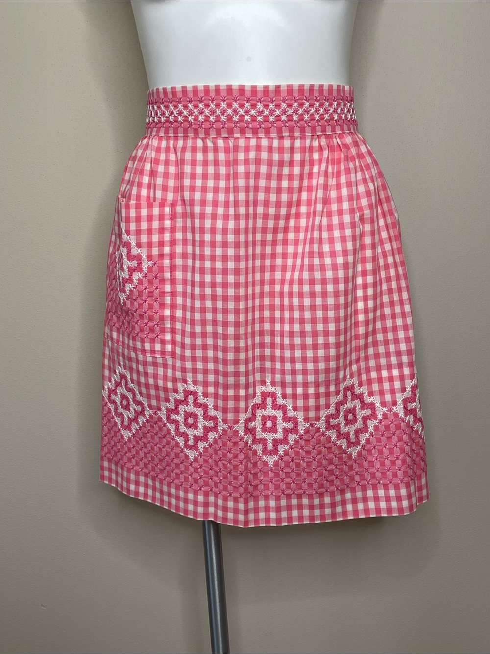 Pink Gingham Embroidered Tea or Half Apron with Chicken Scratch Stitching